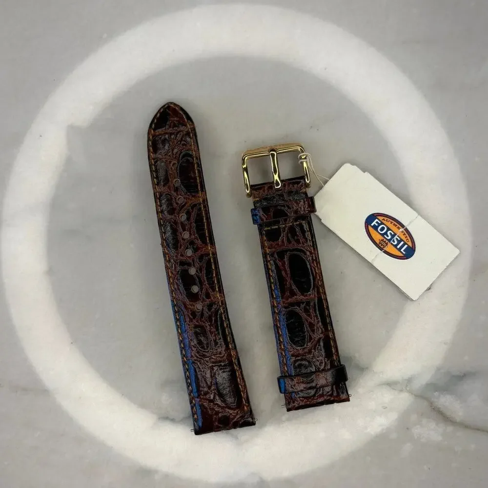 NWT Fossil Men's Alligator Brown Leather Watch Band Padded with Gold Buckle